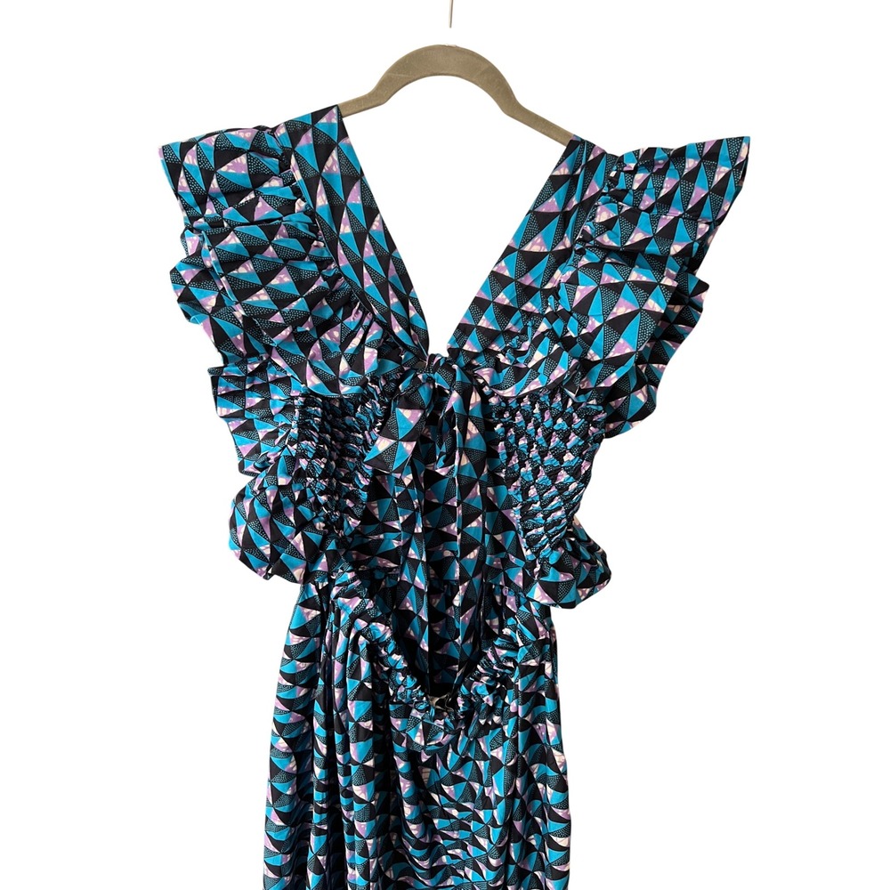 Tuckernuck Elisamama Blue Geometric Ankara Print Ruffle Sleeve Maxi Dress Large - Picture 5 of 9